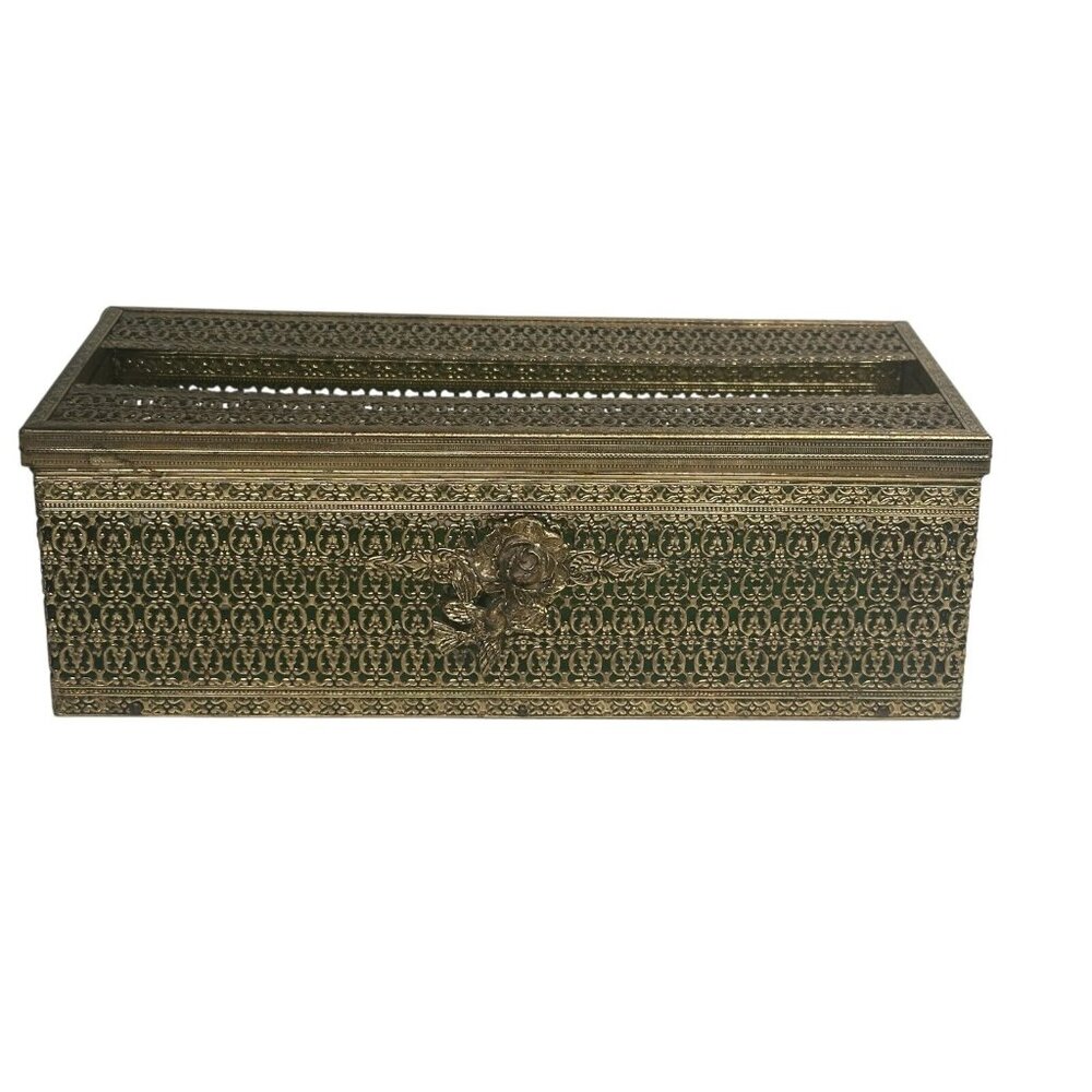 Vintage MCM Hollywood Regency Gold Tone Rose Bird Metal Tissue Box Cover